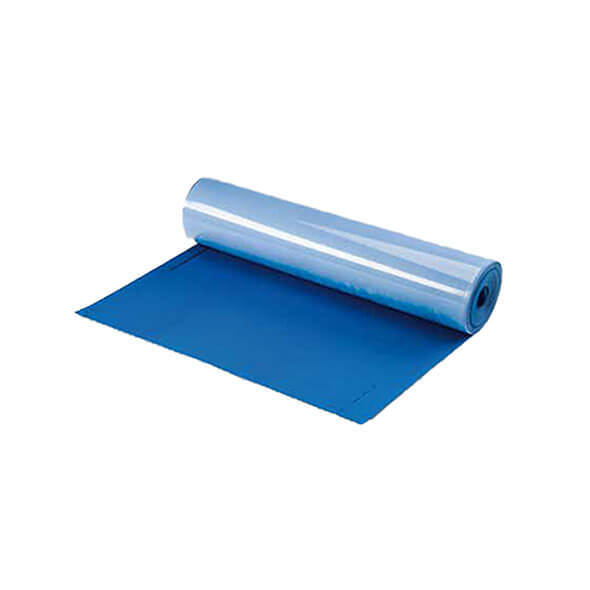 Roll of blue plastic sheeting on a white background