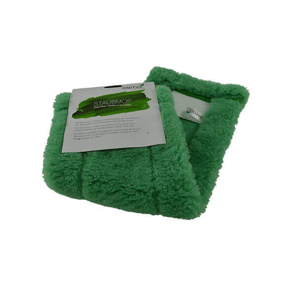 Green cleaning cloth with a label on a white background